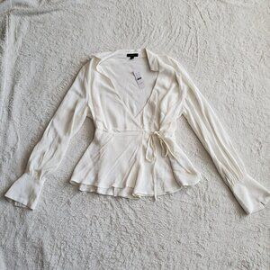 J Crew Womens Long Sleeve Flared Collared Crepe Wrap White Blouse Size 8 NWT